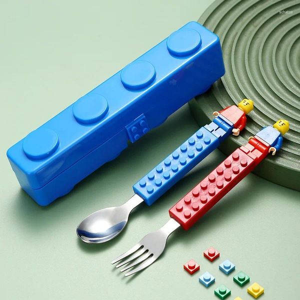 Ensembles de vaisselle ménage créatif portable amusant assemblage de blocs de construction 304 vaisselle en acier inoxydable cuillère à fruits pour enfants ensemble de fourchettes pour