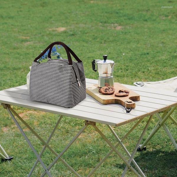 Juegos de vajilla Fiambrera aislada Fiambrera de picnic con rayas frías Estuche térmico portátil de apertura amplia Cordón de lona