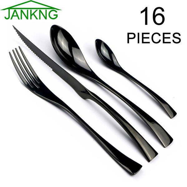 Ensembles de vaisselle JANKNG 16 pièces ensemble de vaisselle en acier inoxydable ensemble de couverts noirs argenterie vaisselle de cuisine fourchette couteau à steak cuillère à thé ensemble de dîner 230614