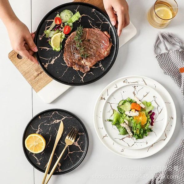 Ensembles de vaisselle Assiette occidentale en céramique créative japonaise avec motif en marbre et bord Steak El réglage de la vaisselle