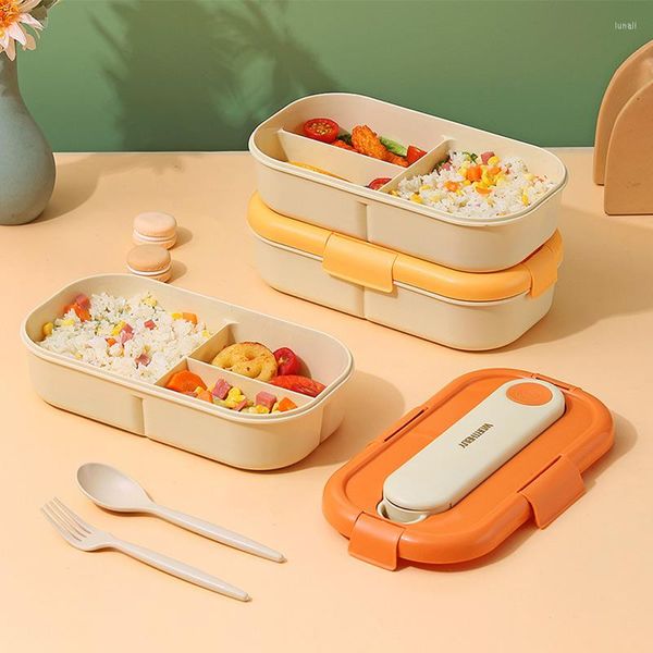 Conjuntos de vajilla Caja de almuerzo japonesa con cubiertos Palillos Tenedor Cuchara Contenedor de almacenamiento de plástico Microwae Calefacción Caja Bento para estudiantes