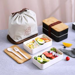 Dijkartikelen sets Japanse stijl bamboe houten omslag dubbele laag plastic lunchbox draagbare bentobox magnetron student bureau school