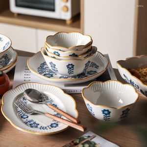 Dinware sets Japanse stijl blauw en wit keramisch tabelgarend kanten rijstkom persoonlijkheid creatieve noedelkommen bord combinatie