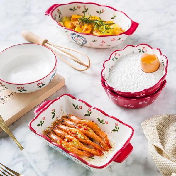 Ensembles de vaisselle, assiette de cuisson en céramique de Style japonais, vaisselle en poterie de cerise, plats occidentaux, assiettes de four de cuisson