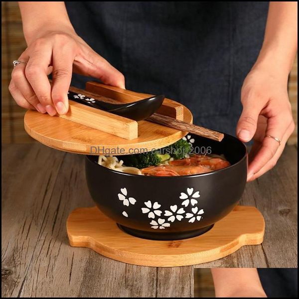 Juegos de vajilla Tazón de fideos de arroz de estilo japonés con tapa Cuchara y palillos Vajilla de cocina Ensalada de cerámica Sopa Contiene Carshop2006 Dhhka