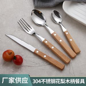 Set di stoviglie Coltello giapponese con manico in legno Forchetta e cucchiaio Set di frutta per bistecca da tavola in acciaio inossidabile 304
