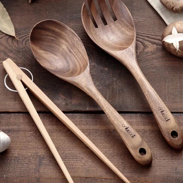 Conjuntos de vajilla Cuchara grande de madera japonesa Tenedor de ensalada de doble uso Hogar Arroz de madera Mango largo Accesorios de cocina