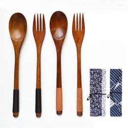 Ensembles de vaisselle Ensembles de baguettes de fourchette de cuillère en bois emballées japonaises ensemble de trois vaisselle de sac portable adulte en bois massif à long manche.
