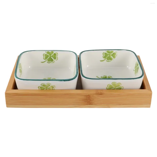Juntos de vajillas Bandeja de joyas Plato de fruta japonesa Bandejas de cerámica con bocadillo de soporte de madera que sirve múltiples usos divididos