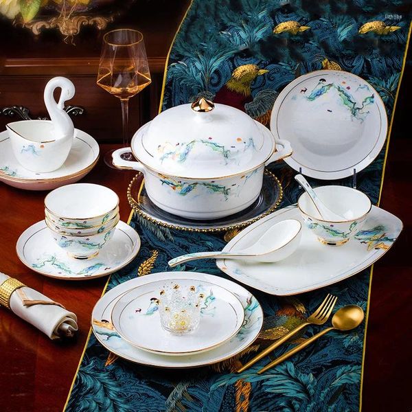 Ensembles de vaisselle Jingdezhen-vaisselle en céramique légère de luxe en porcelaine assiette à dîner Simple moderne sur la créativité