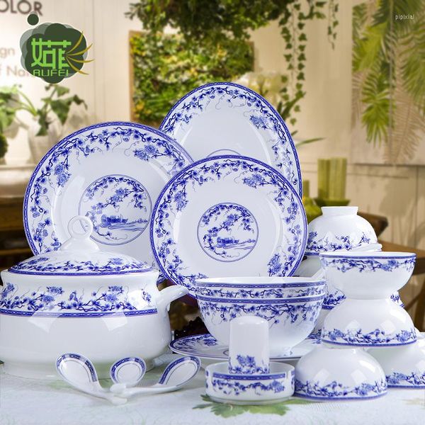 Ensembles de vaisselle Jingdezhen vaisselle en céramique ménage 56 têtes de bol en porcelaine bleue et blanche chinoise ensemble en porcelaine
