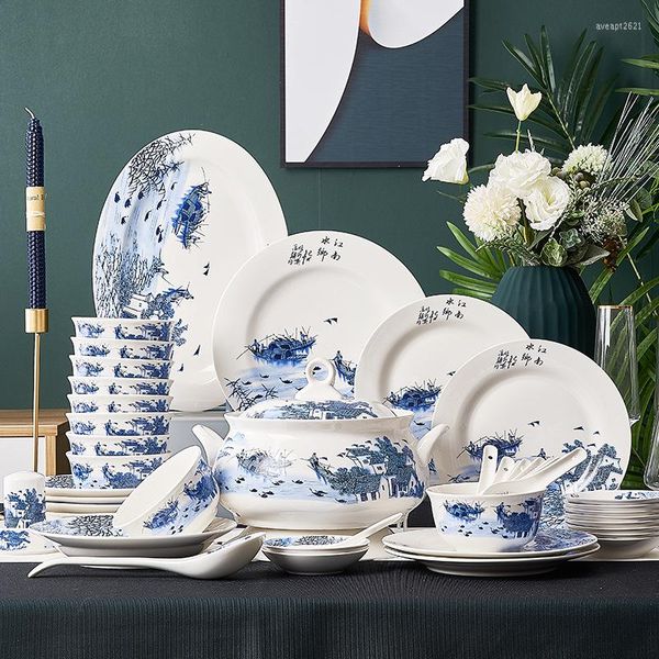 Ensembles de vaisselle Jingdezhen vaisselle en céramique 56 ensemble de bol de riz Jiangnan eau ville assiette cadeau en gros