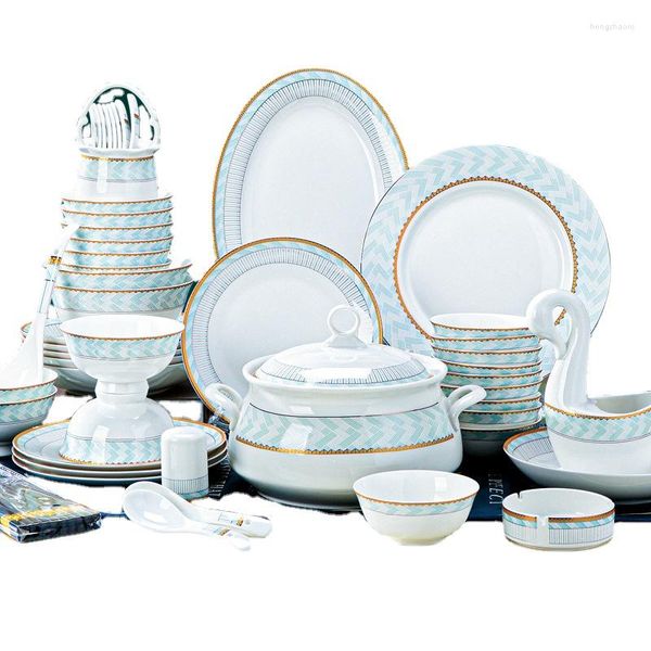 Ensembles de vaisselle Jingdezhen ensemble de vaisselle chinoise bleu et trace d'or vaisselle petit Style Fresh Ins