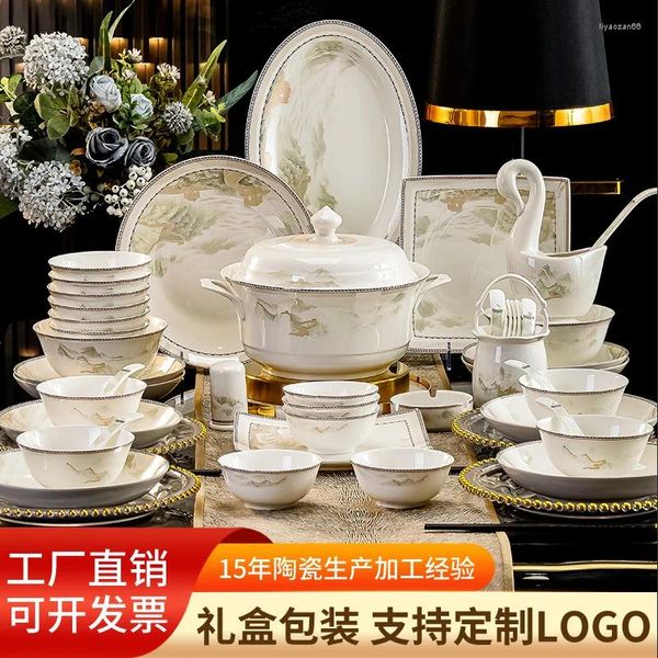 Juegos de vajillas Jingdezhen Juego de platos de casilla Tazón y plato Luz de cerámica Luxury