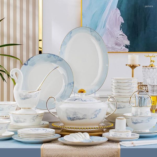 Ensembles de vaisselle Jingdezhen Light Luxury Wind Bowl And Dish Set Ménage Os Porcelaine Vaisselle Bols Baguettes Plats Complets