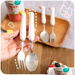 Conjuntos de vajillas Kawaii Pato Cuchara Tenedor Juego de cubiertos para niños Escuela Lindo Coreano Viaje portátil Vajilla de acero inoxidable Cocina Gota Dhaql