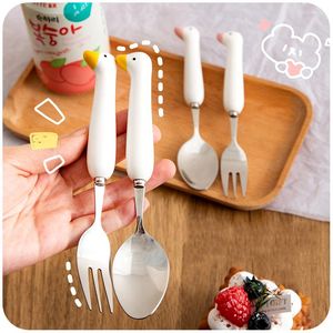 Ensembles de vaisselle Kawaii canard cuillère fourchette couverts ensemble pour enfants école mignon coréen Portable voyage en acier inoxydable vaisselle ustensiles de cuisine