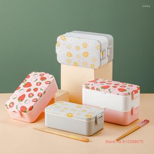 Din sets sets kawaii aardbei schattig meisje lunchbox roze plastic bento voor vrouwen kantoor gebruik vrouwelijke maaltijd prep container