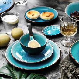 Ensembles de vaisselle KINGLANG Ice Cracking Glaze Vaisselle en céramique Bols à riz Plats à manger Assiettes à dîner en porcelaine de couleur bleue