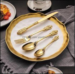 Juegos de vajilla Bar de comedor de cocina Jardín de casa 24 piezas de lujo Sier Gold Cutlery Set Flatware Waterware DHRSP3780580