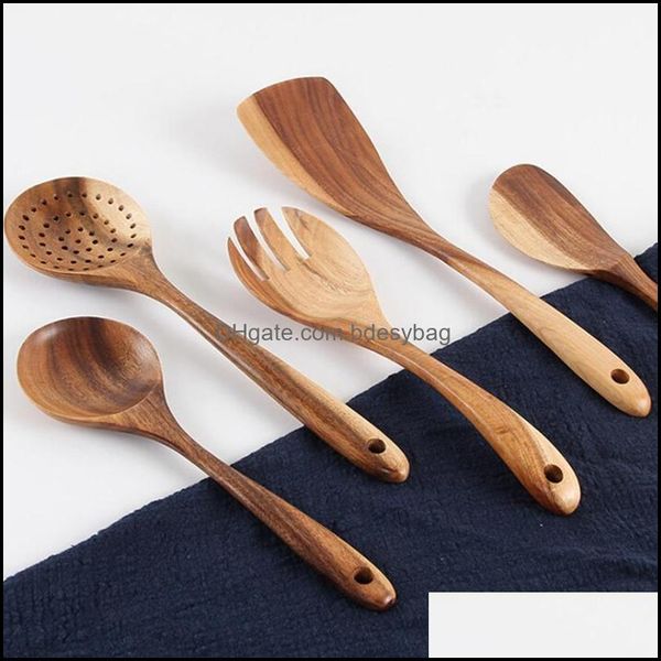 Juegos de vajilla Bar de comedor de cocina Herramientas de cocina para el jardín para el hogar Utensilios de madera premium Sopa de cuchillo de cuchara Sopa de aceite de pala antiadherente