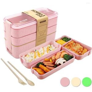 Ensembles de vaisselle cuisine micro-ondes boîte à déjeuner paille de blé matériel sain 3 couches japonais Bento conteneur enfants école bureau