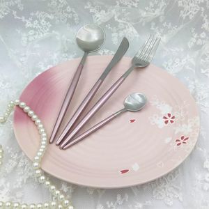 Ensembles de vaisselle de style coréen, service de table rose, couverts à poignée fine, assiette plate en fleur de prunier, couteau à Steak complet Gracile 5 pièces