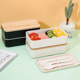 Dijkartikelen Laag Laag Japanse lunchbox Microwavable Portable voor werk School Bento met vork lepel Hermetische containersdinnerware dinerwar