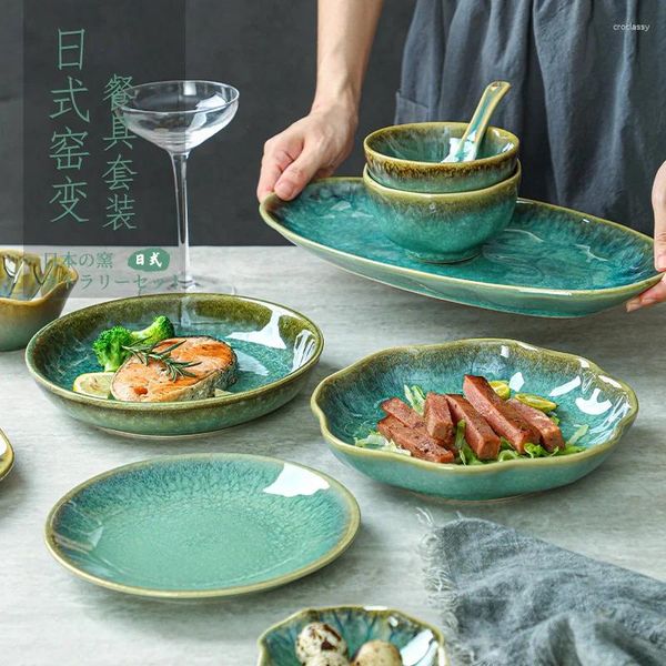 LingAo japonais céramique haute qualité four changement glaçure ménage lumière luxe rétro et vent bol assiette plat vaisselle ensemble