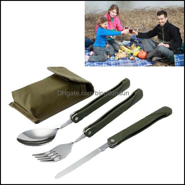 Juegos de vajilla Utensilios de cocina largos Mochila Spork Tenedor Cuchillo plegable de acero inoxidable Utensilio Cuchara Conjunto Combo Campamento de picnic Cubiertos Vajilla D Dhnpk