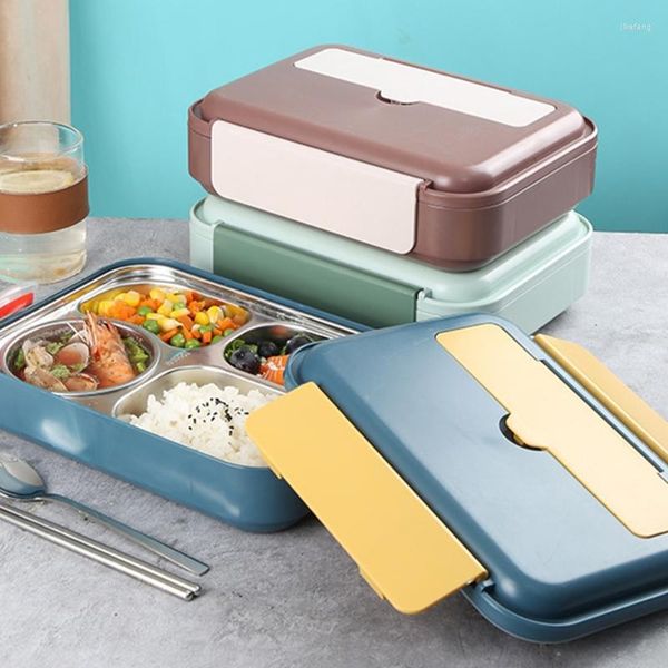 Juegos de vajilla Cajas Bento para el almuerzo - Material seguro Acero inoxidable 304 y plástico ABS Cuatro compartimentos para niños Adultos