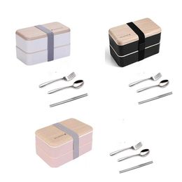 Servies sets lunchbox magnetron veilige safe Japanse container twee lagen met roestvrijstalen vork lepel chopsticks bundel setsdinnerware s s