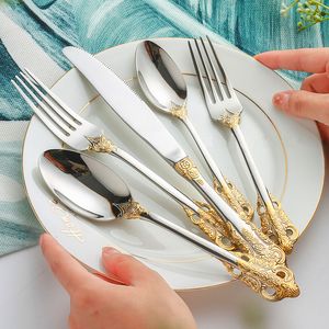 Conjuntos de vajilla Luxery Gold Cutlery Vintage 1810 Acero inoxidable Plata Cubiertos Cuchillo Tenedor y cuchara Drop 230302