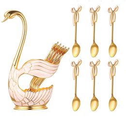 Dijksets Luxe metalen koffie dessert lepel set zwanenhouder met 6 stks ijs lepels vorken theelepels suiker salade flatware 221208