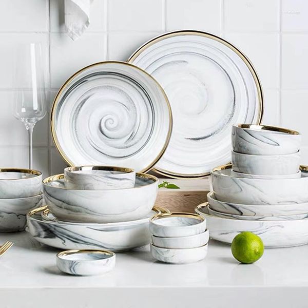 Ensembles de vaisselle en céramique gris marbre, service de table pour 6/8/10 personnes avec couverts, assiettes et bols, ensemble de Restaurant