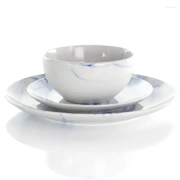 Ensembles de vaisselle Marble Magic Dining Collection : 16 pièces Stoare Fine Set Bleu Blanc