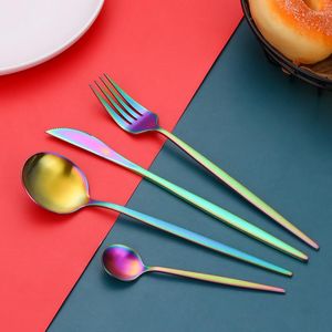 Dijkartikelen sets matte kleurrijke set roestvrijstalen mes mes vork koffielepel bestek keuken servies flatware groothandel groot