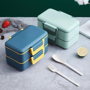 La vaisselle place le déjeuner en plastique de la couche Microwavable Bento Box de l'école 2 avec la cuillère et la fourchette