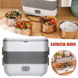 Din sets sets mini elektrische rijstkoker roestvrij staal 2 lagen container stoomboot draagbare maaltijd verwarming lunchbox kachel warmer