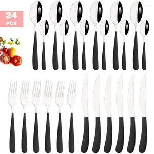 Ensembles de vaisselle miroir en argent noir 24pcs Set en acier inoxydable steak steak couteau à fourche de café cuillère