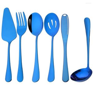 Ensembles de vaisselle Miroir bleu couverts en acier inoxydable 6 pièces cuillère de service fourchette passoire couverts ensemble de vaisselle de cuisine occidentale