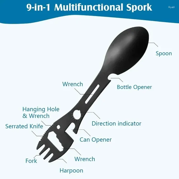 Ensembles de vaisselle en extérieur multifonctionnel Camping Survival Fork et cuillère 9 en 1 ouvre-bouteille de clé de cuisine