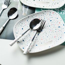 Ensembles de vaisselle poignée en céramique nordique fourchette en acier inoxydable cuillère maison remuant petit café gâteau aux fruits Dessert