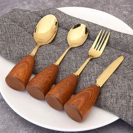 Conjuntos de vajillas Nordic Gold Titanium Plateado Mango de madera Cuchillo de acero inoxidable Tenedor y cuchara Utensilios de cocina Titular Vajilla para el hogar
