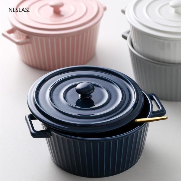 Ensembles de vaisselle Nordic Round Double Ears Bol en céramique avec couvercle Cuisine Vaisselle Ménage Grands bols Pot à soupe anti-brûlure Nouilles instantanées