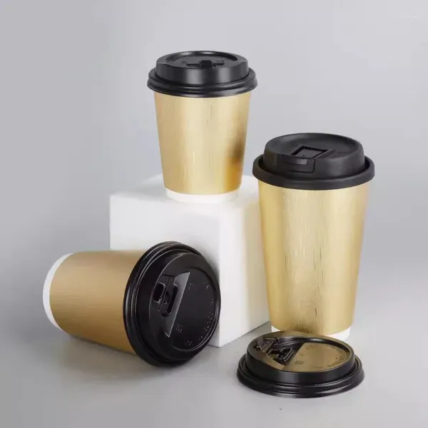 Ensembles de vaisselle Tasse en papier avec couvercles Jus de café Ensemble de verres jetables en or Garder les récipients de boissons Lait Épaissi Creux