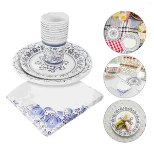 Ensembles de vaisselle Gobelets en papier Assiettes de fête à thème en porcelaine bleue et blanche Vaisselle d'anniversaire en tissu en vrac décoratif jetable pour plateau plat