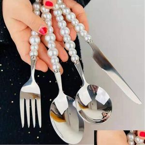 Conjuntos de vajilla Pearl Sierware Set para 4 cucharas Cuchillos Tenedores 18/10 Cubiertos de acero inoxidable Cubiertos Martillados Home Gard Drop Entrega Dhaue