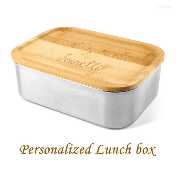 Ensembles de vaisselle personnalisé boîte à lunch en acier inoxydable 304 gravé Style japonais Bento couverture en bambou couvercle en bois conteneur Portable