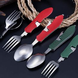 Ensembles de vaisselle Outils de voyage de pique-nique Cuillère en acier inoxydable Kits de poche pliants Fournitures de cuisine de camping Ensemble de vaisselle d'extérieur 4 en 1 Randonnée